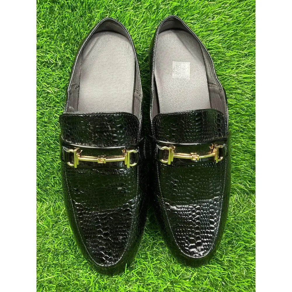 Mens EU 45 US 11.5 Black Crocodile Embossed Patent Gold Bit Dress Loafer Shoes